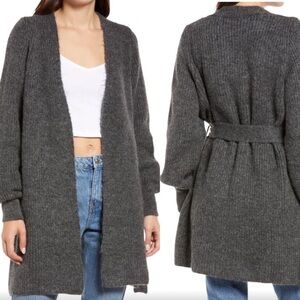 Top Shop Knit Puff Long Sleeve Wrap Tie Cardigan Dark Grey Size M